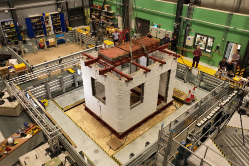 3D printed concrete building on a shaking table